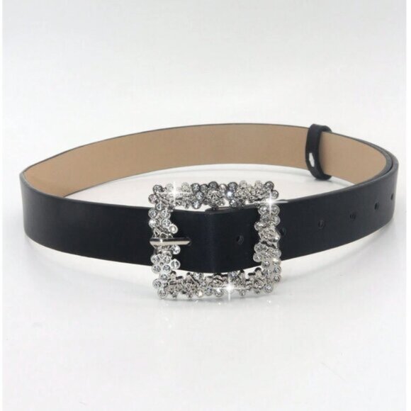 Vegan Leather Rhinestone Decor Metal Square Buckle Belt main image 4